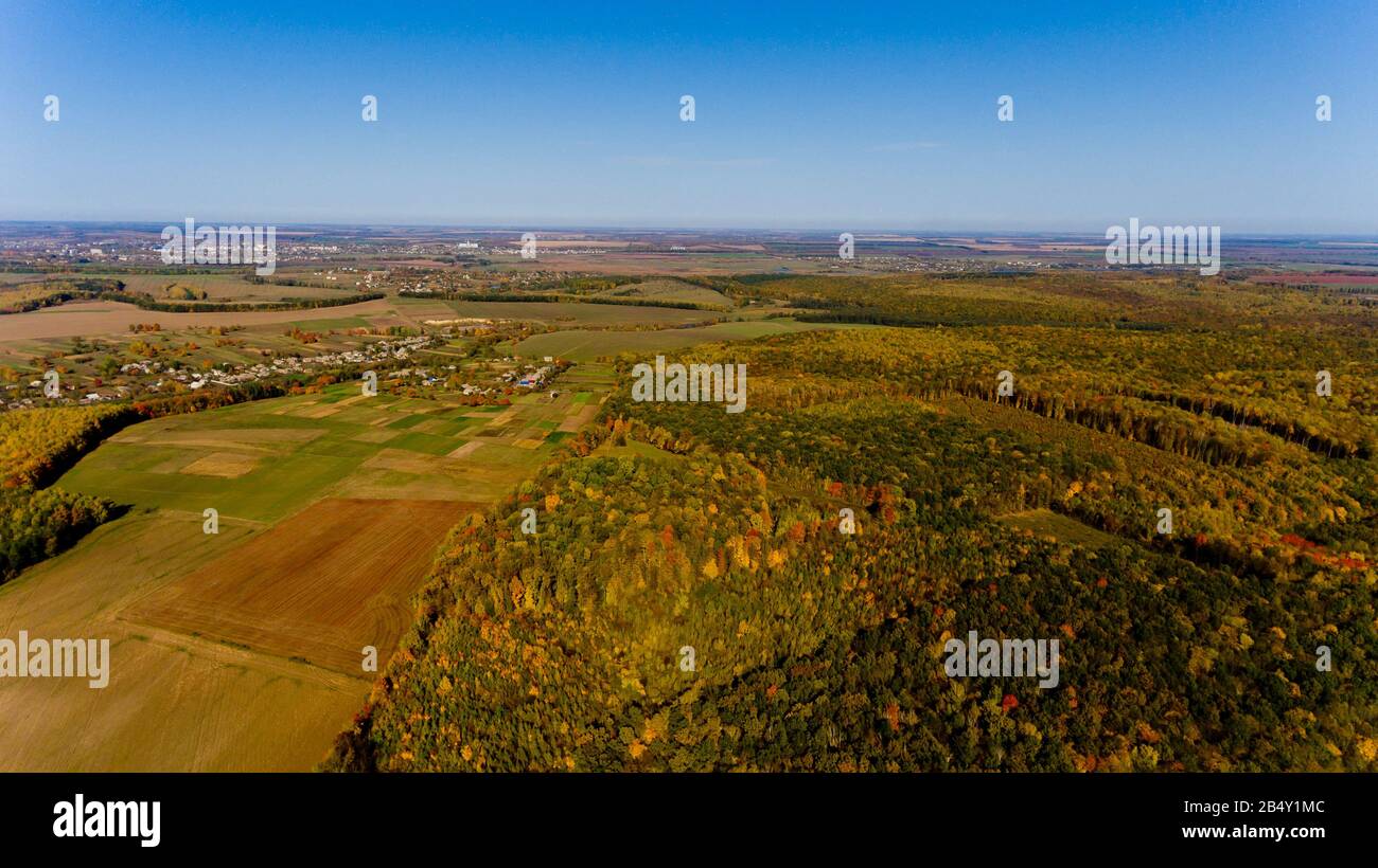 Aerial view of the colorful autumn forest and blue sky Stock Photo - Alamy