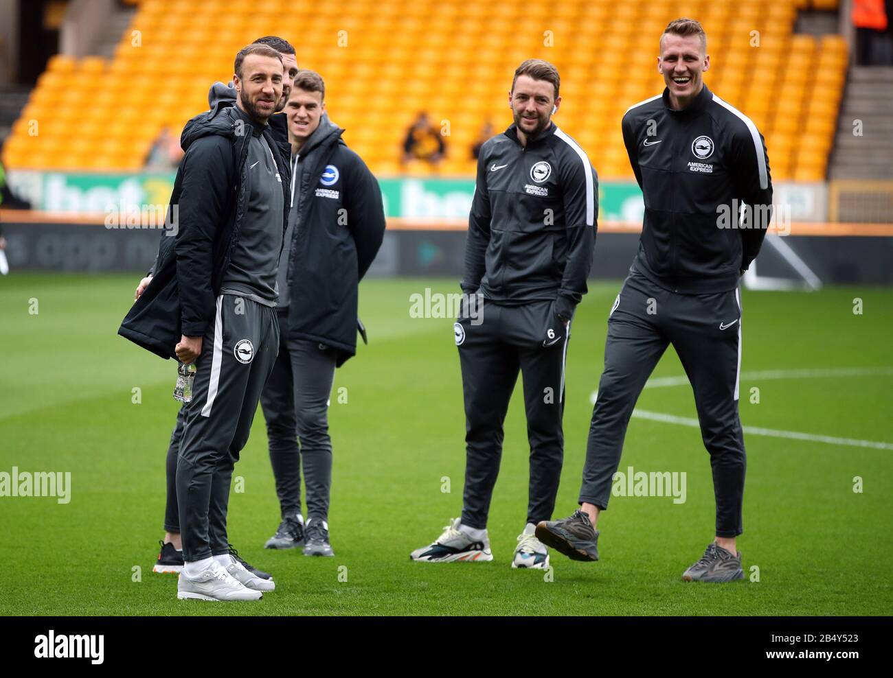 Brighton and Hove Albion's Glenn Murray, Dale Stephens and Dan Burn (left to right) inspect the pitch ahead of the Premier League match at Molineux, Wolverhampton. Stock Photo