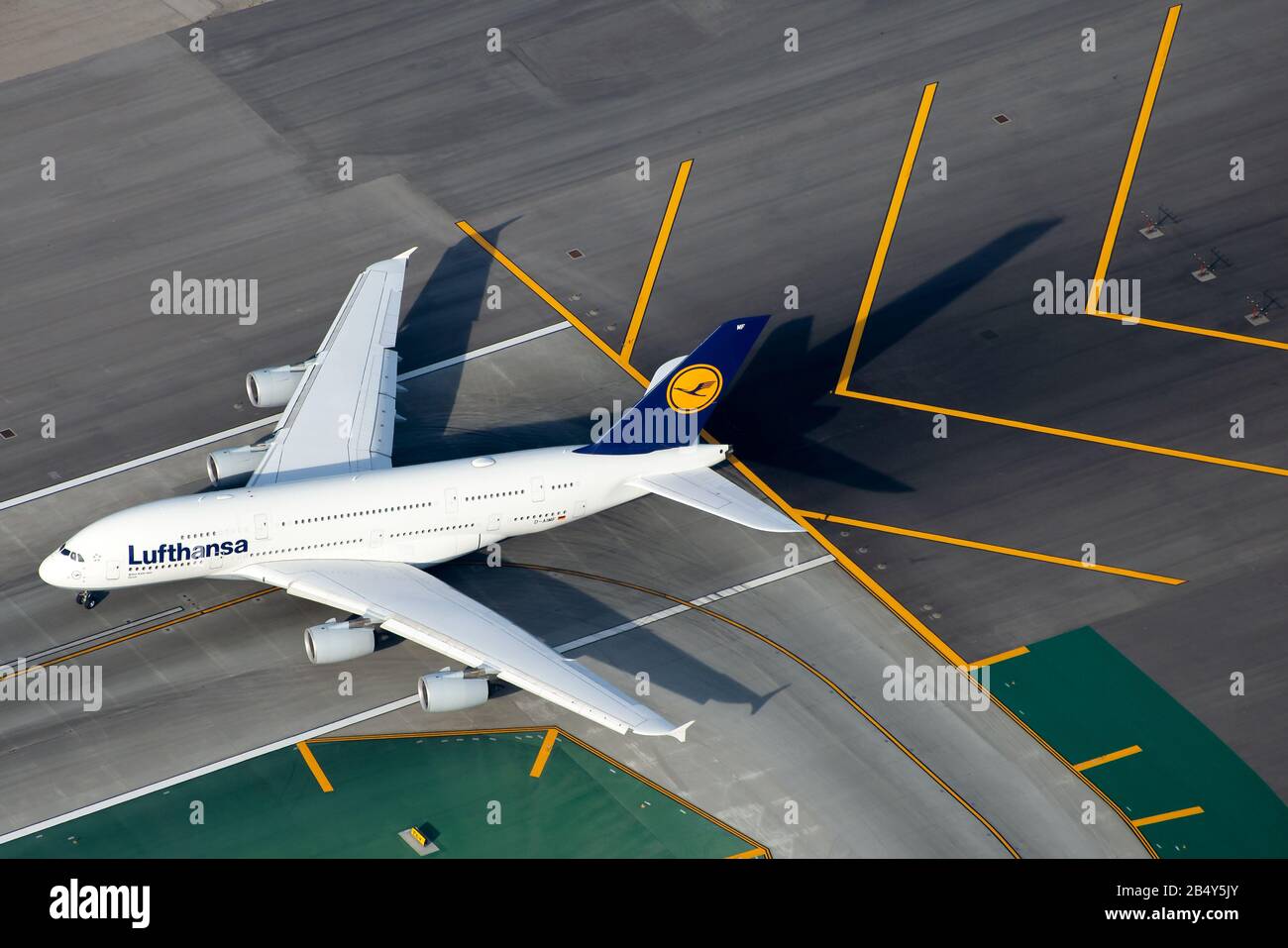 Aerial view of Deutsche Lufthansa long haul Airbus A380 DAIMF on the runway in an international