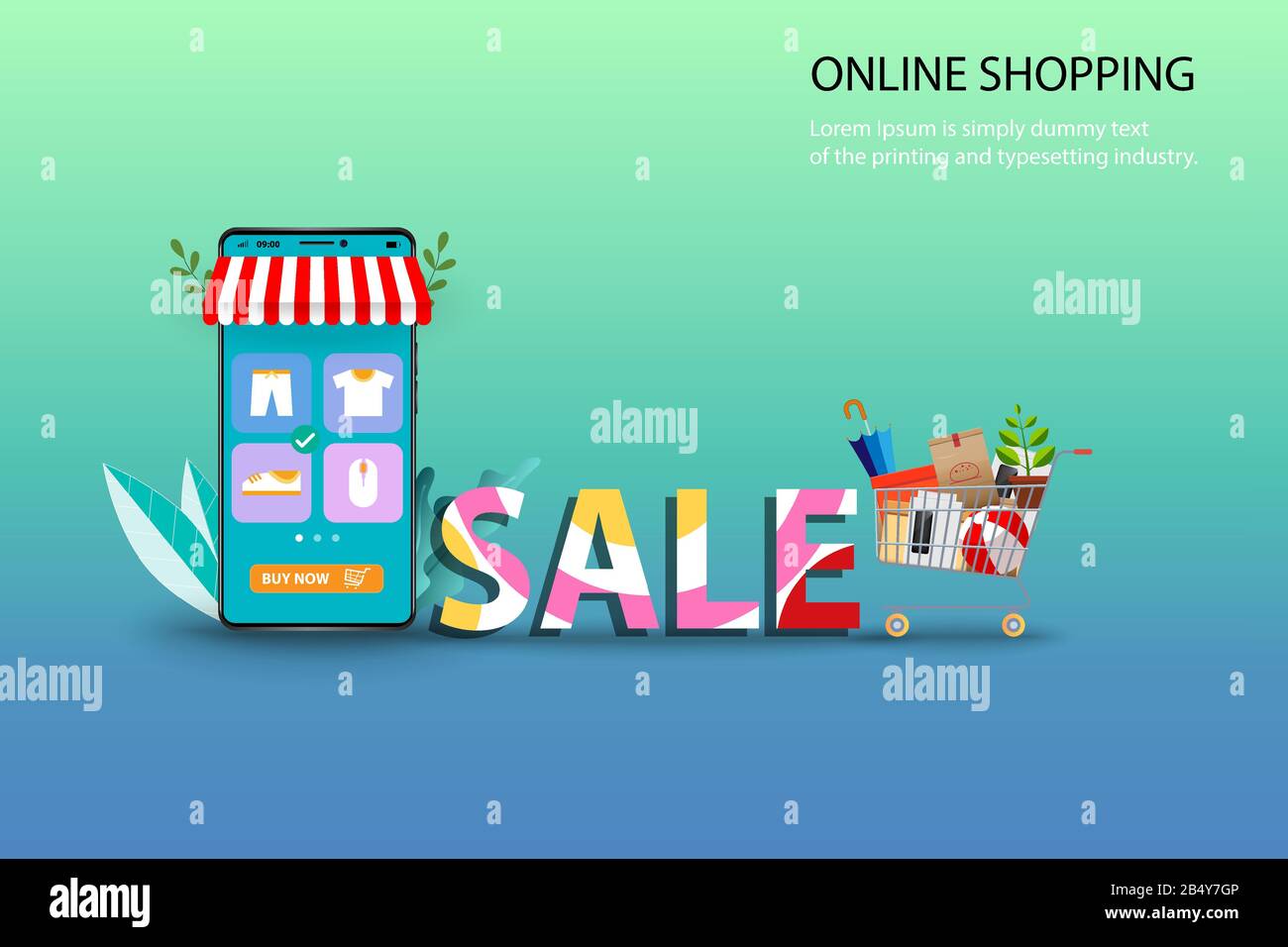Concept of online shopping, colorful wording 'SALE' put near super market basket with goods and smartphone which the display contain list of products. Stock Vector