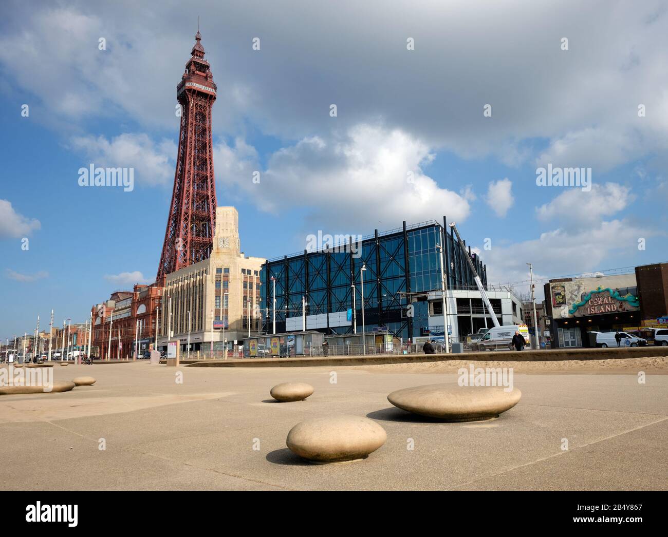 England,Lancashire, Blackpool: Sunlit Blackpool Tower from the New Promenade. Stock Photo