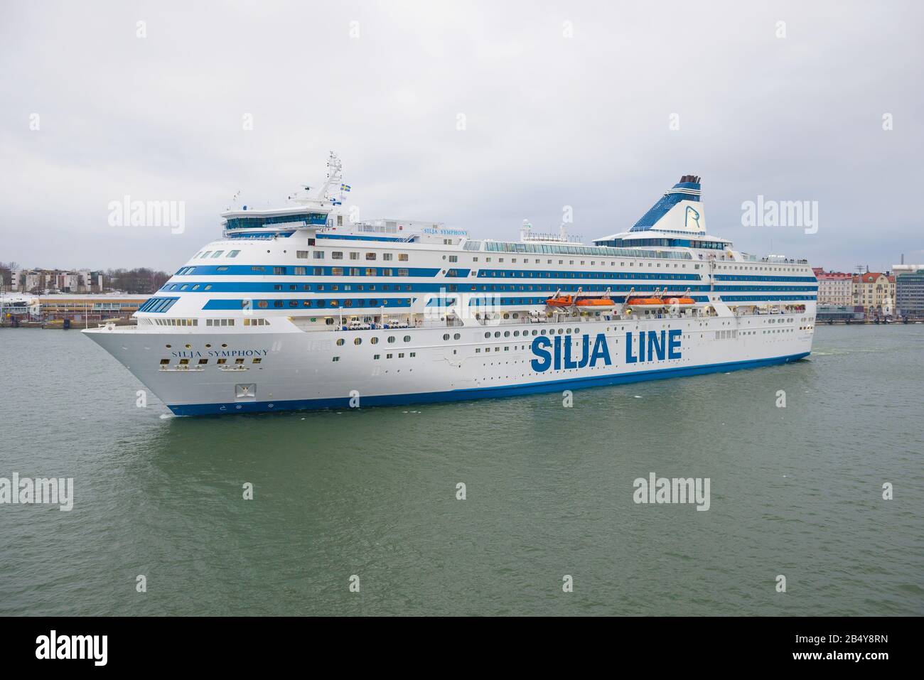 HELSINKI, FINLAND - MARCH 08, 2019: Sea cruise ferry 'Silja Symphony' close-up in the southern harbor on a March cloudy afternoon Stock Photo