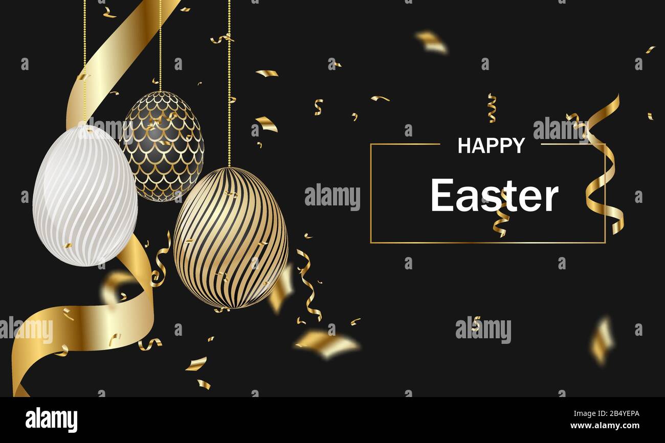 Golden Easter eggs with decorative patterns on black chalkboard background. Lettering Happy Easter Stock Vector