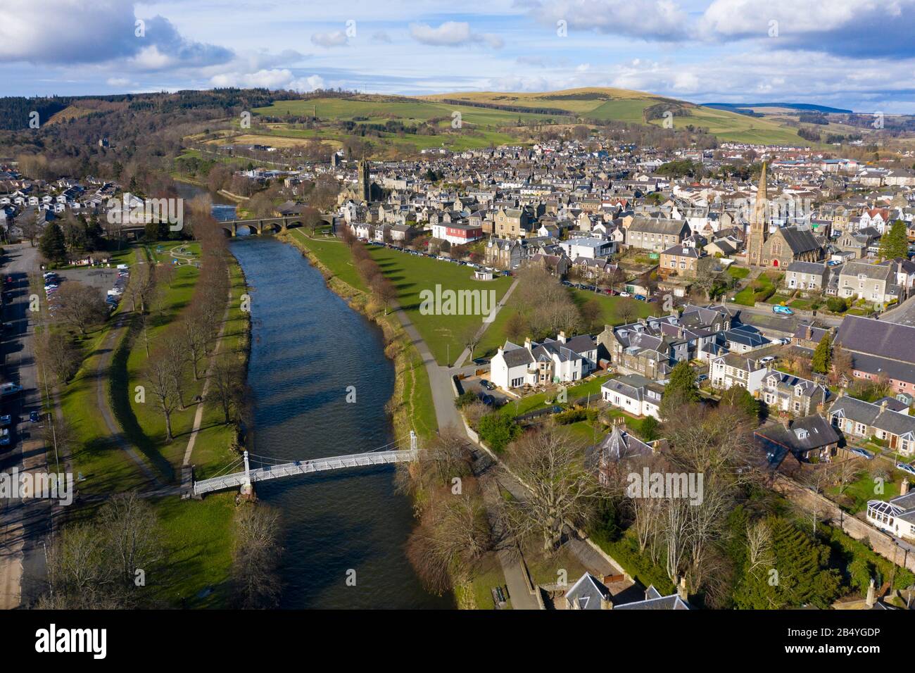 Aerial view of River Tweed flowing through town of Peebles in the Scottish Borders, Scotland,UK Stock Photo