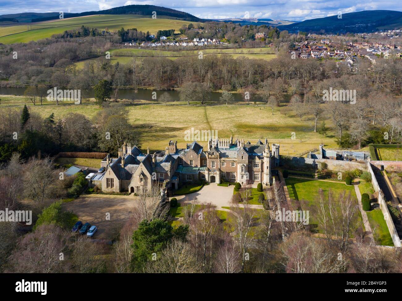Aerial view of Abbotsford House former home of Sir Walter Scott near Melrose in Scottish Borders, Scotland, UK Stock Photo