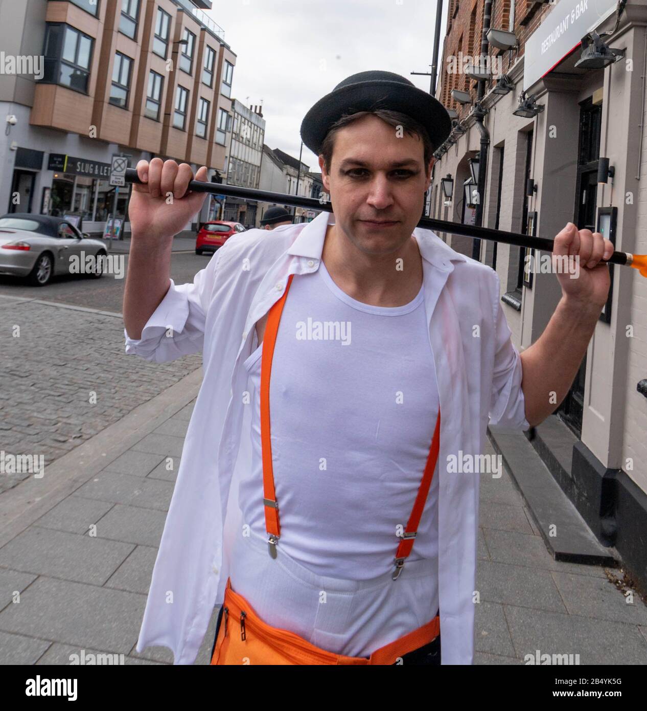 Brentwood Essex, UK. 7th Mar, 2020. Early Doors Productions revival of the play ' A Clockwork Orange' at the Brentwood Theatre, Brentwood Essex UK. Ben Martins outside the TOWIE Sugar Hut, Credit: Ian Davidson/Alamy Live News Stock Photo