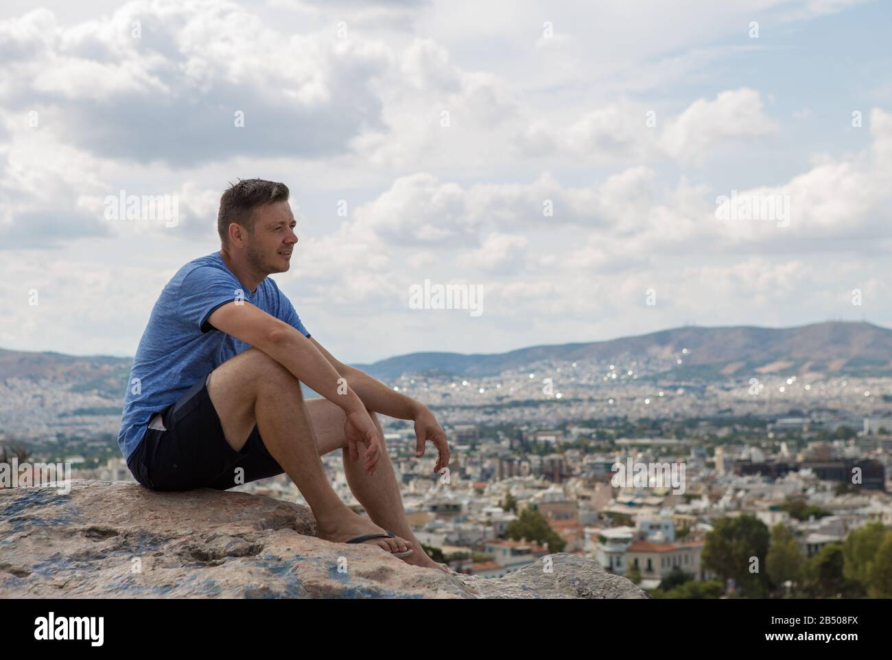Man enjoy view of Areopagus (Mars Hill)  of Athens, Greece Stock Photo