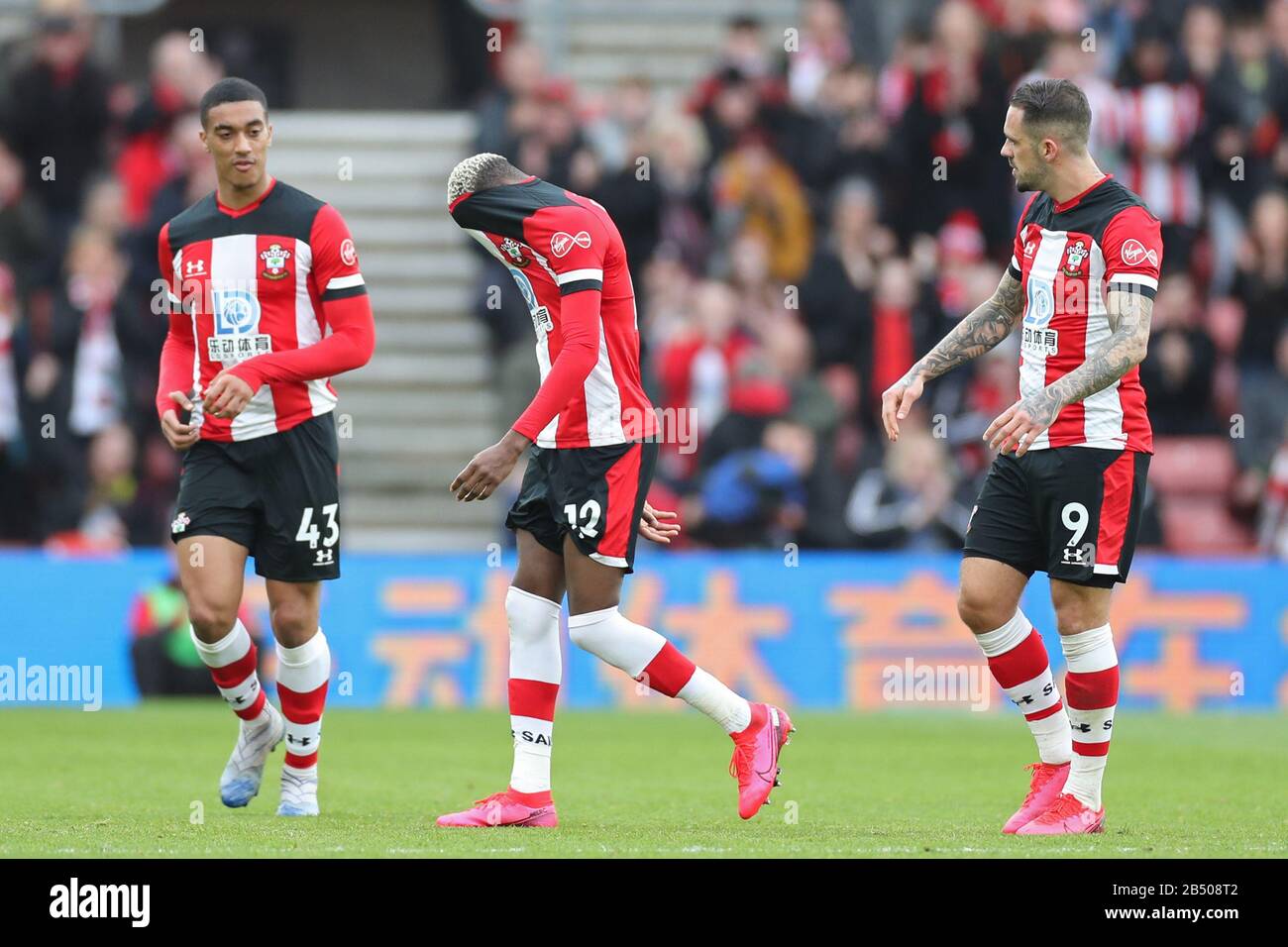 Southampton, UK. 07th Mar, 2020. Southampton forward Moussa Djenepo hangs his head in shame after a red card from Referee Graham Scott during the Premier League match between Southampton and Newcastle United at St Mary's Stadium, Southampton on Saturday 7th March 2020. (Credit: Jon Bromley | MI News) Photograph may only be used for newspaper and/or magazine editorial purposes, license required for commercial use Credit: MI News & Sport /Alamy Live News Stock Photo