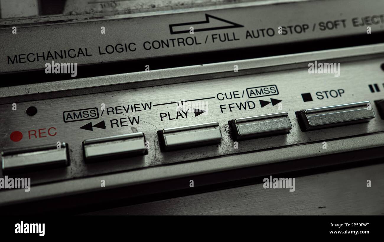 Close up of old cassette player boombox buttons, press the play button. Retro boombox concept. Stock Photo