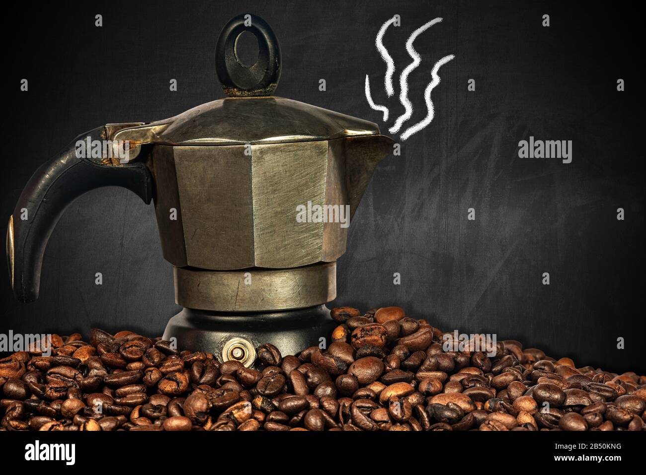 Italian Coffee Maker On Rustic Kitchen With Unfocused Background