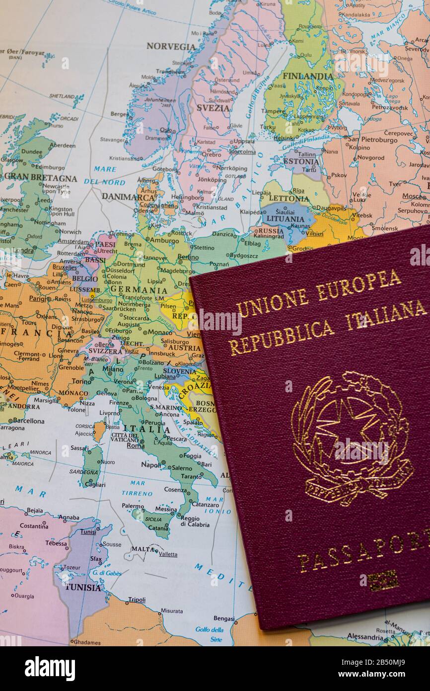 Italian passport with European political map. Close up view Stock Photo