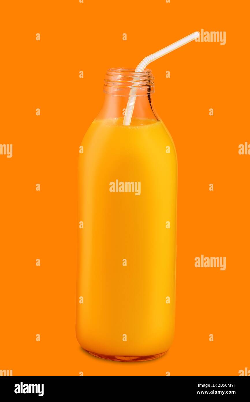 Small bottle with orange juice with straw Stock Photo