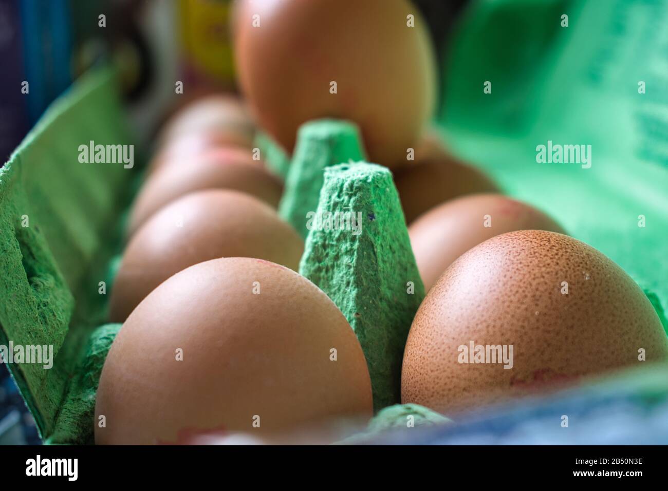 Eggs in an egg box, close up Stock Photo