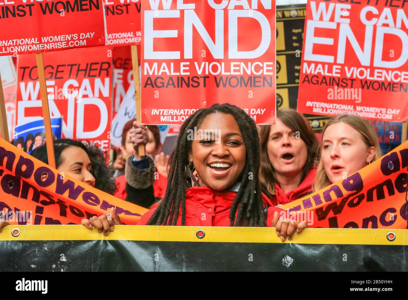 London, UK. 7th Mar, 2020. Thousands of women from all walks of life once again unite to march from Oxford Street to Trafalgar Square to highlight and end male violence against women and girls in the UK and globally. The march is organised by The Million Women Rise Coalition with support from many local ethnic communities. Credit: Imageplotter/Alamy Live News Stock Photo