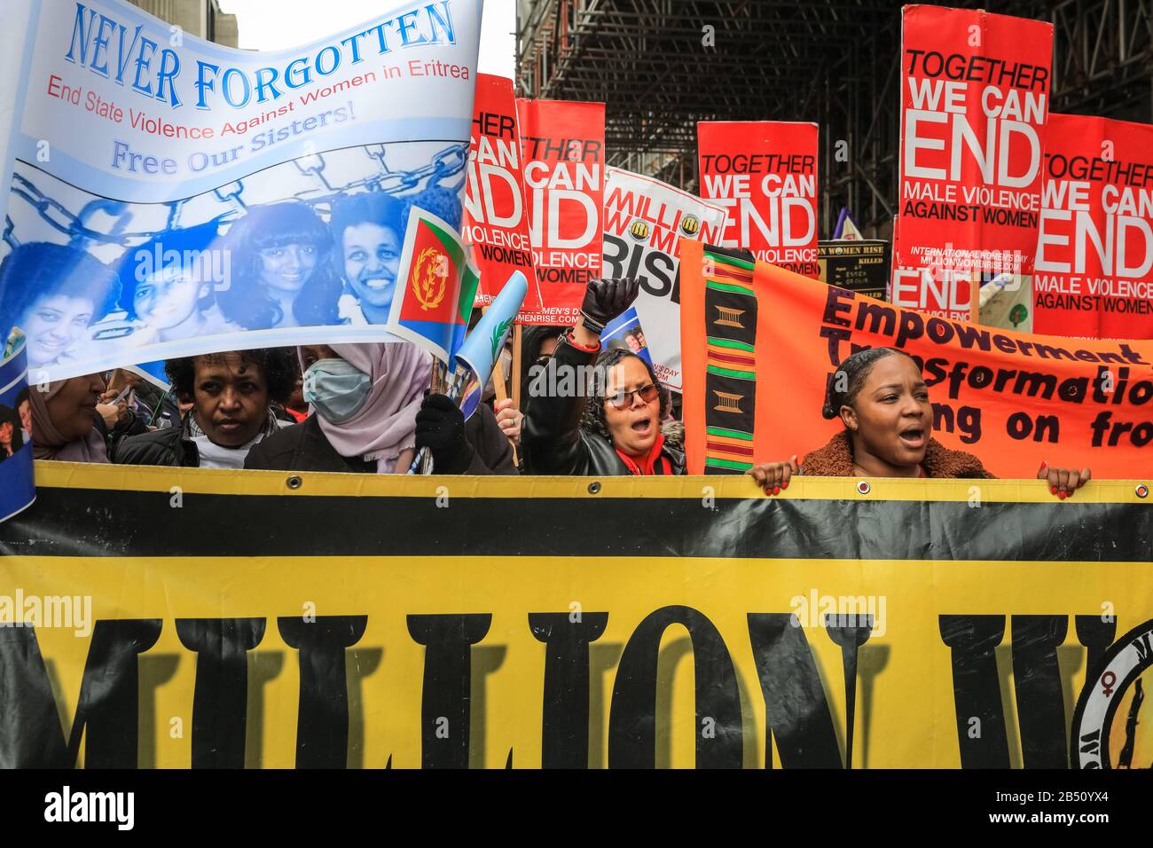 London, UK. 7th Mar, 2020. Thousands of women from all walks of life once again unite to march from Oxford Street to Trafalgar Square to highlight and end male violence against women and girls in the UK and globally. The march is organised by The Million Women Rise Coalition with support from many local ethnic communities. Credit: Imageplotter/Alamy Live News Stock Photo