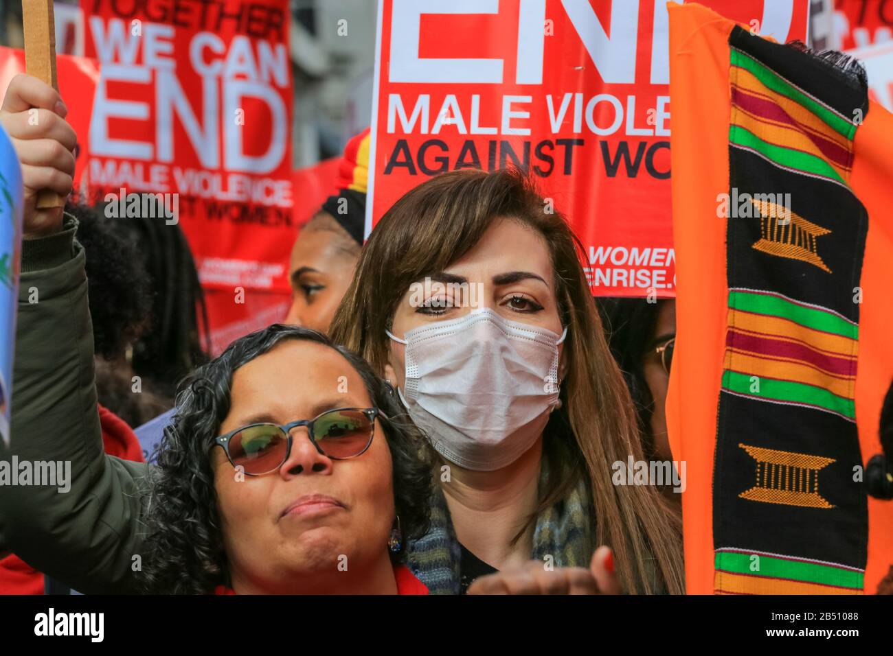 London, UK. 7th Mar, 2020. Thousands of women from all walks of life once again unite to march from Oxford Street to Trafalgar Square to highlight and end male violence against women and girls in the UK and globally. The march is organised by The Million Women Rise Coalition with support from many local ethnic communities. Credit: Imageplotter/Alamy Live News Stock Photo