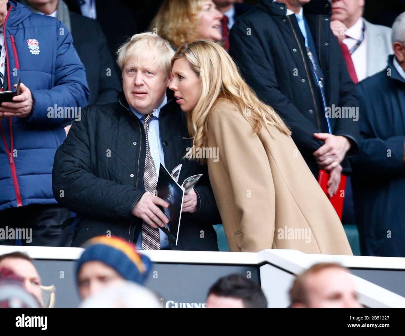 London, UK. 07th Mar, 2020. Britain's Prime Minister Boris Johnson with Carrie Symonds during Guinness Six Nations between England and Wales at Twickenham Stadium, London, England on 07 March 2020 Credit: Action Foto Sport/Alamy Live News Stock Photo