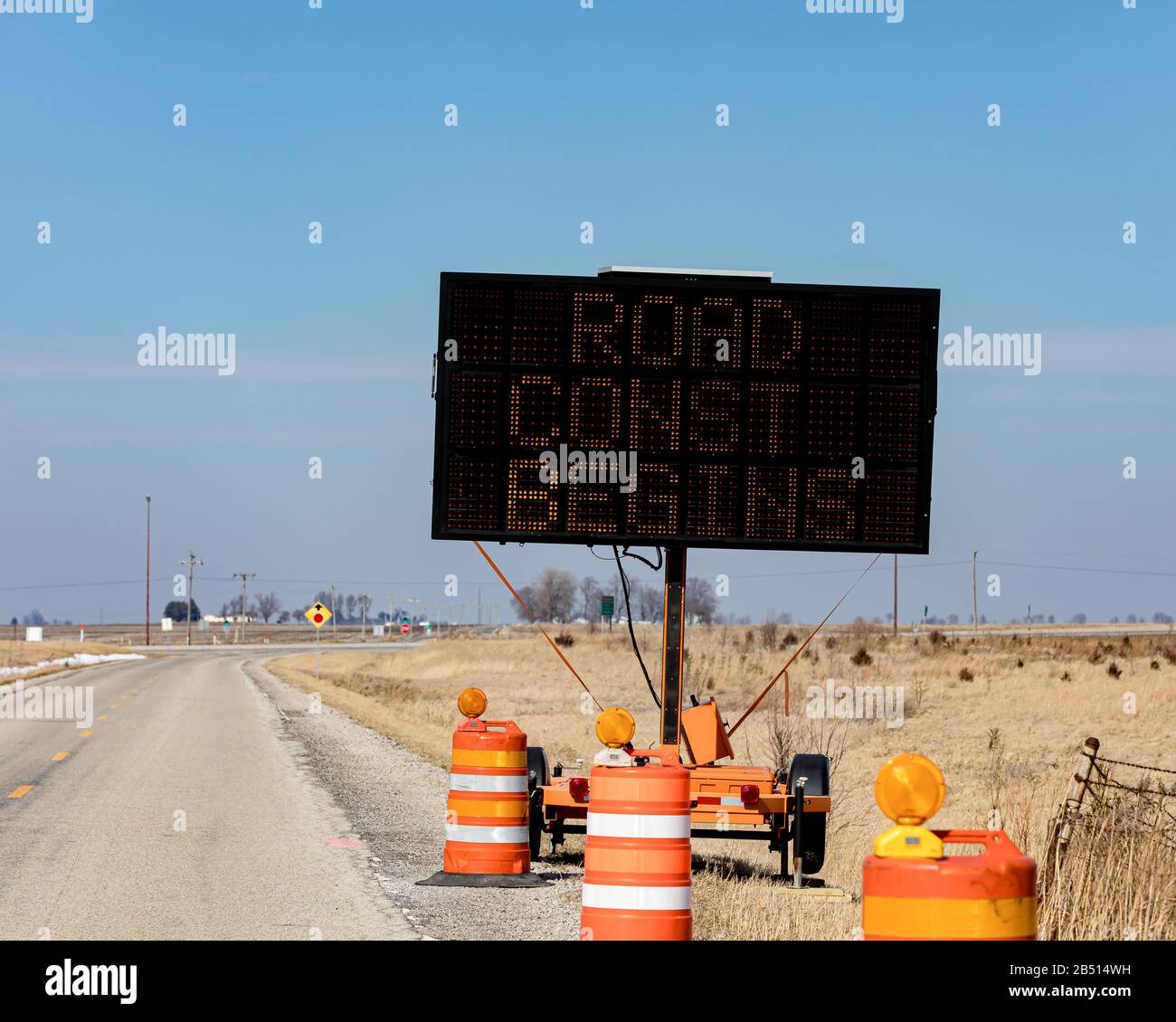 Road construction electronic message board. Highway safety, roadwork and transportation infrastructure concept. Stock Photo
