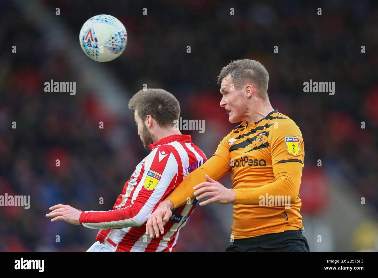 Stoke, UK. 7th Mar, 2020. Sean McLoughlin of Hull City heads the ball. Credit: Simon Bissett/One Up Top/Alamy Live News Stock Photo