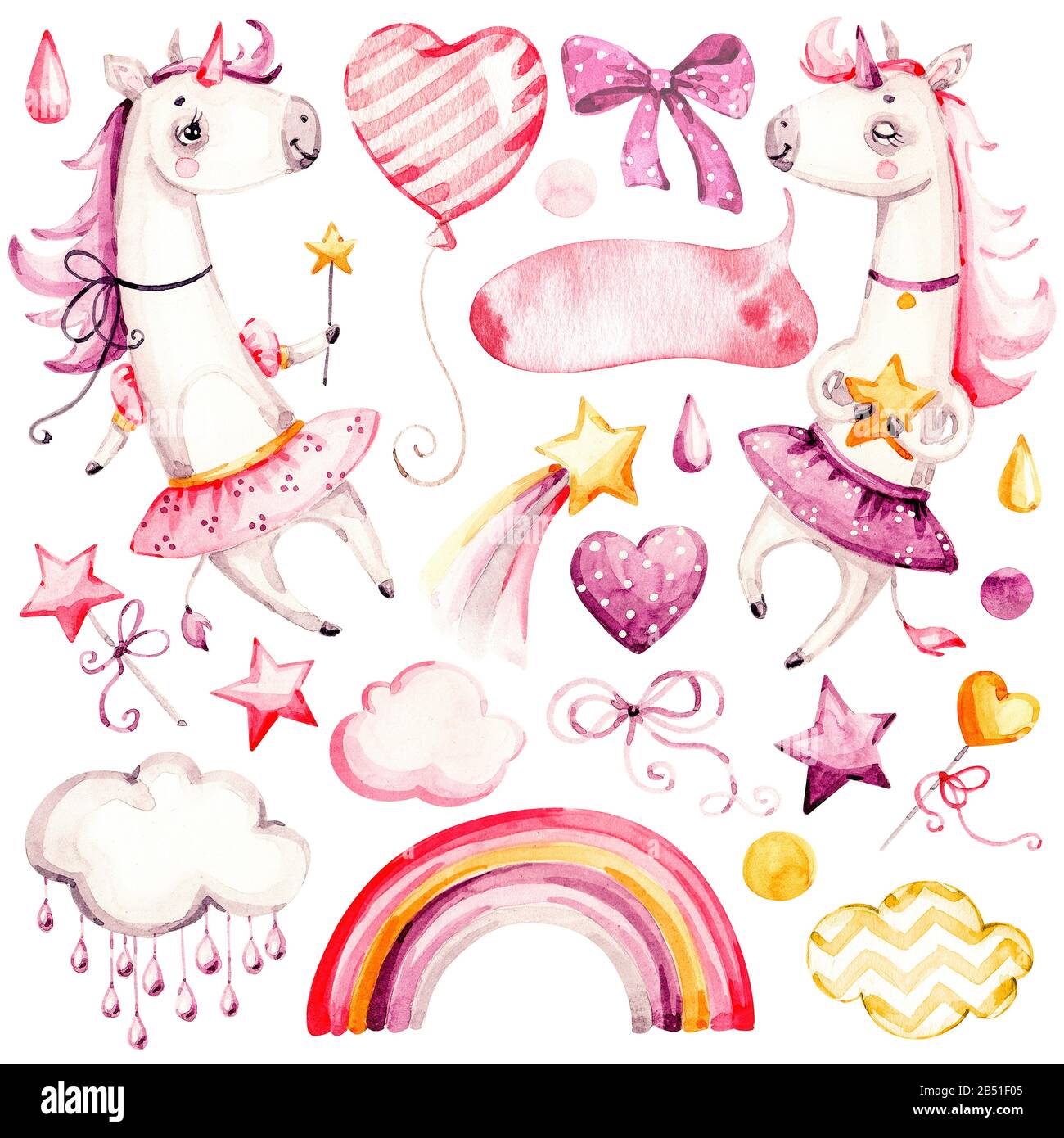 Cute Unicorn Baby Girl Watercolor Nursery Cartoon Magic Animals