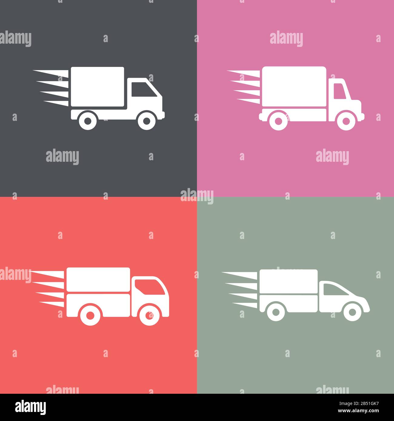 Flat vector illustration of delivery trucks. Four trucks, fully
