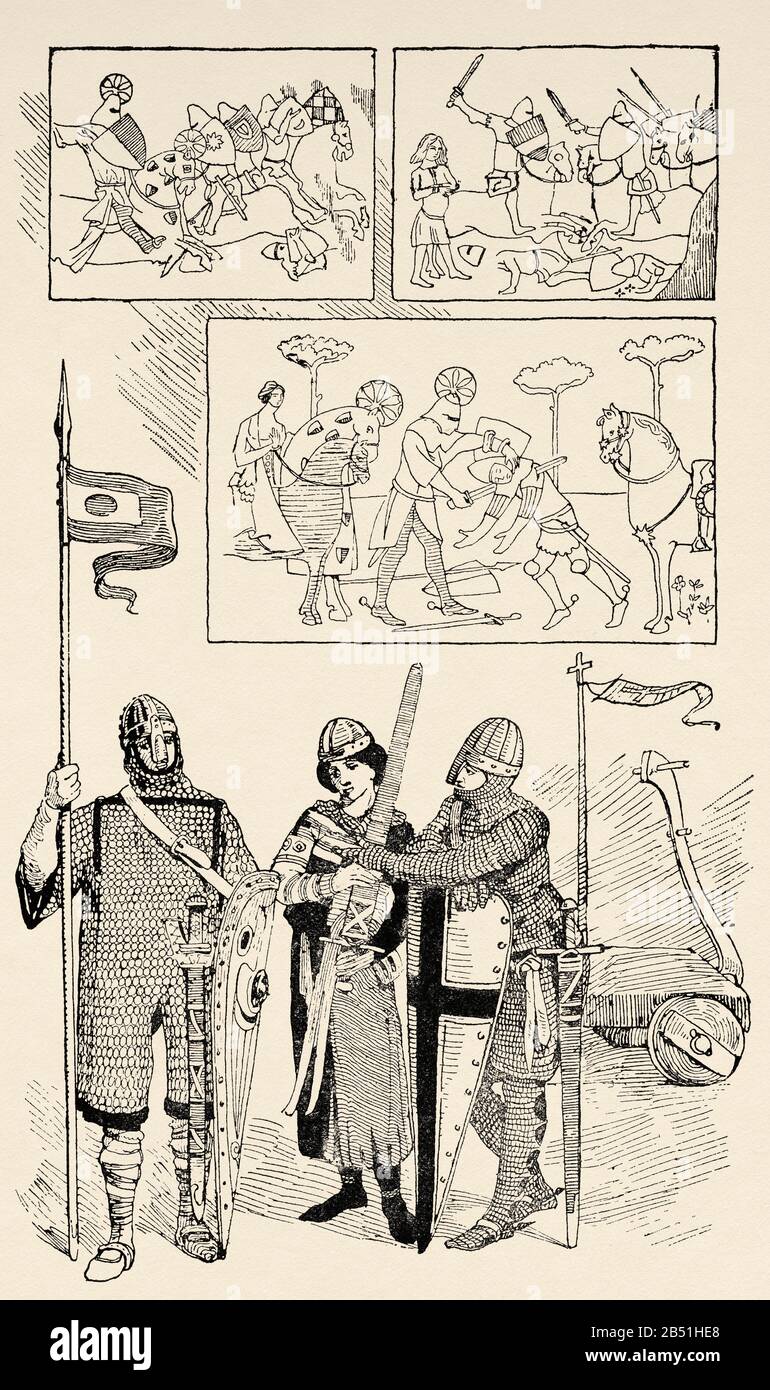 Middle Ages. Fighting, knights, squires and car. Old engraving illustration from the book Historia Universal by Cesar Canti 1891 Stock Photo