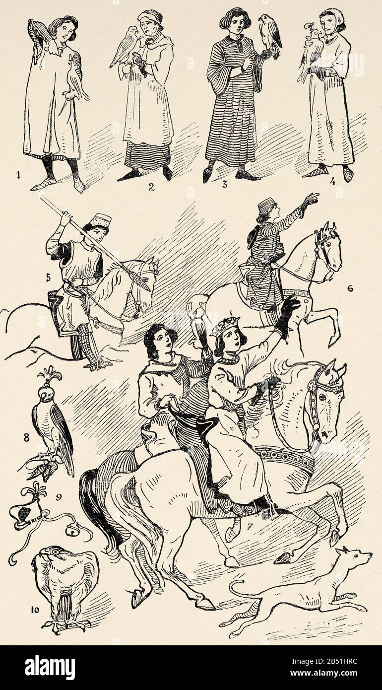 Middle Ages. Falconers, hunting on the run, hunting on the fly, falcons, hood. Old engraving illustration from the book Historia Universal by Cesar Ca Stock Photo