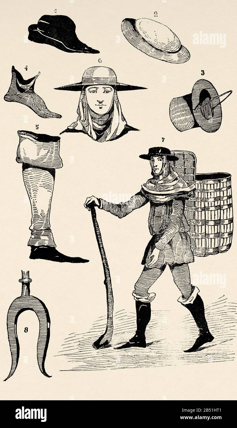 Middle Ages. Clothing and objects. Village people hats, Country people footwear, Country woman, Country man, farm tools. Old engraving illustration fr Stock Photo