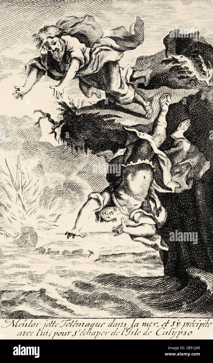 Mentor throws Telemachus into the sea and rushes with him to escape from the Isle of Old 18th century engraving from the book the - Alamy