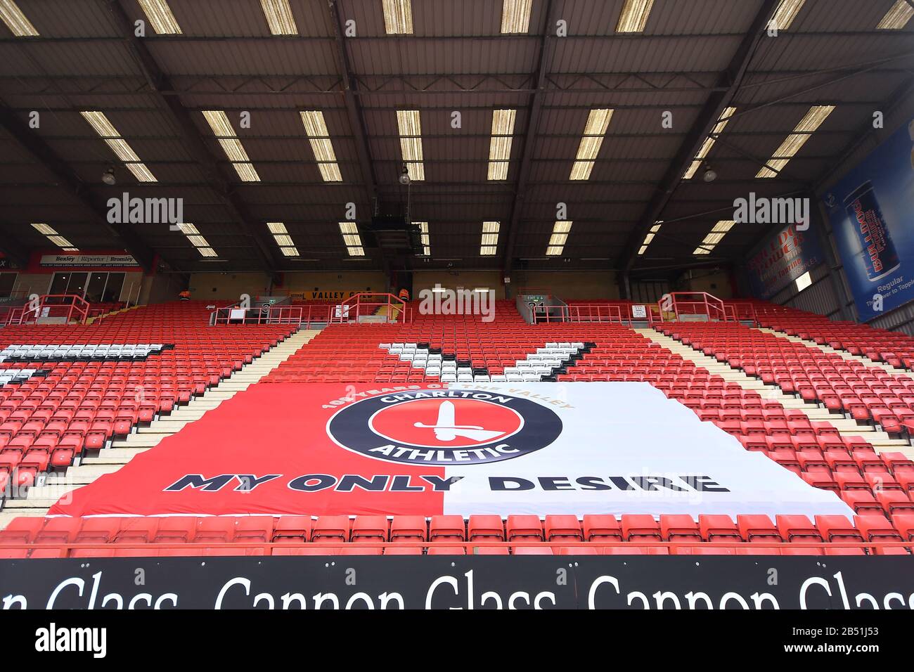 London, UK. 07th Mar, 2020. Charlton flag “100 years of the Valey” during the Sky Bet Championship match between Charlton Athletic and Middlesbrough at The Valley, London on Saturday 7th March 2020. (Credit: Ivan Yordanov | MI News) Photograph may only be used for newspaper and/or magazine editorial purposes, license required for commercial use Credit: MI News & Sport /Alamy Live News Stock Photo