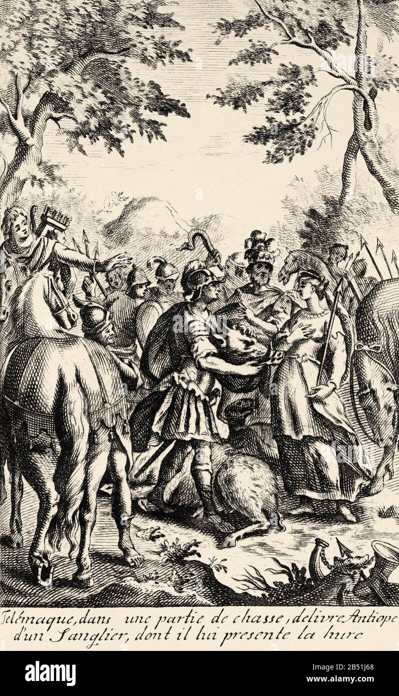 Telemachus in a hunting, give Antiope a wild boar. Old 18th century engraving from the book the adventures of Telemachus son of Ulysses by Francois de Stock Photo