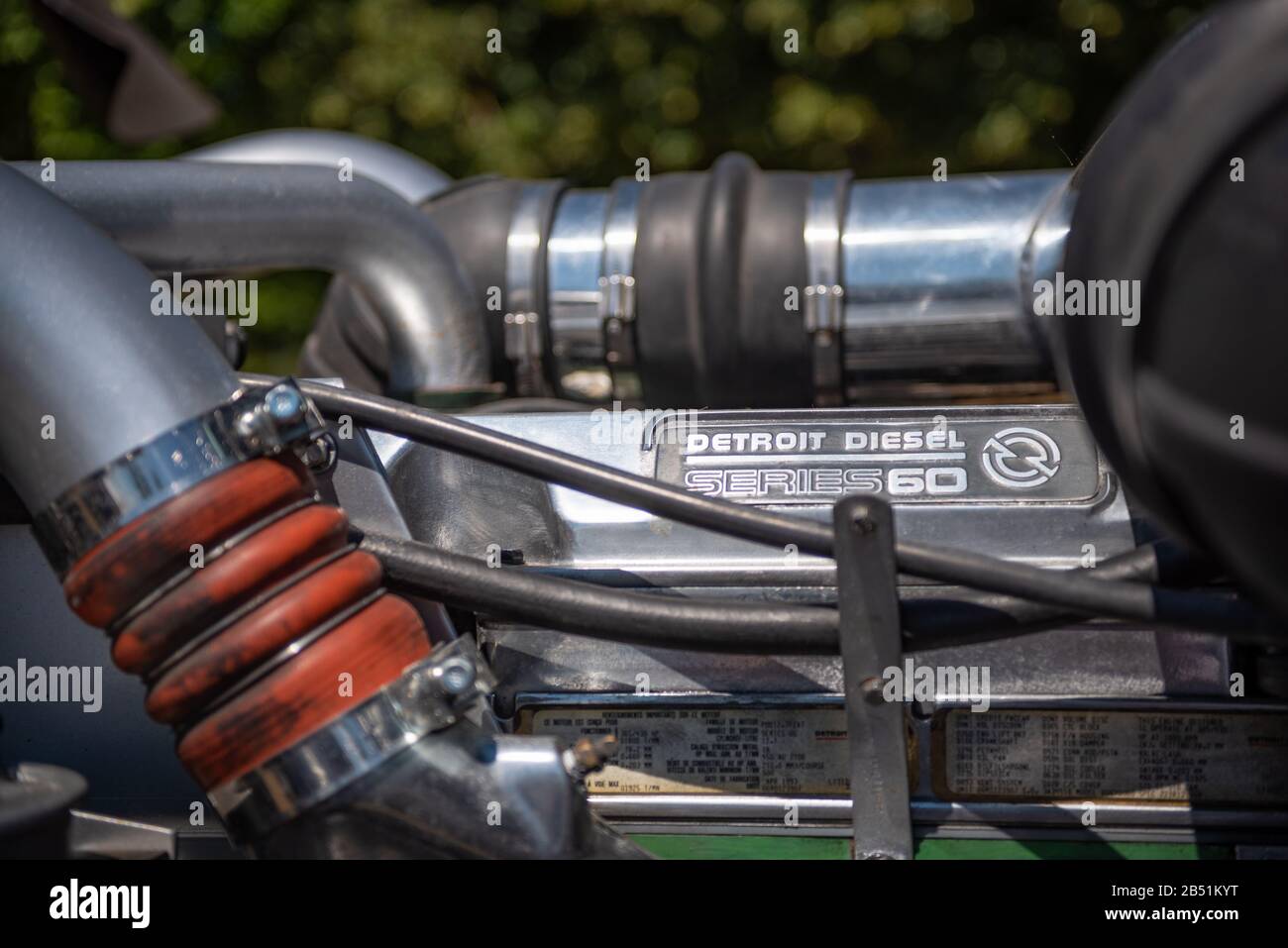 Detroit diesel truck engine at The Rally of the Giants, classic American car show, in the grounds of Blenheim Palace, Woodstock. Stock Photo