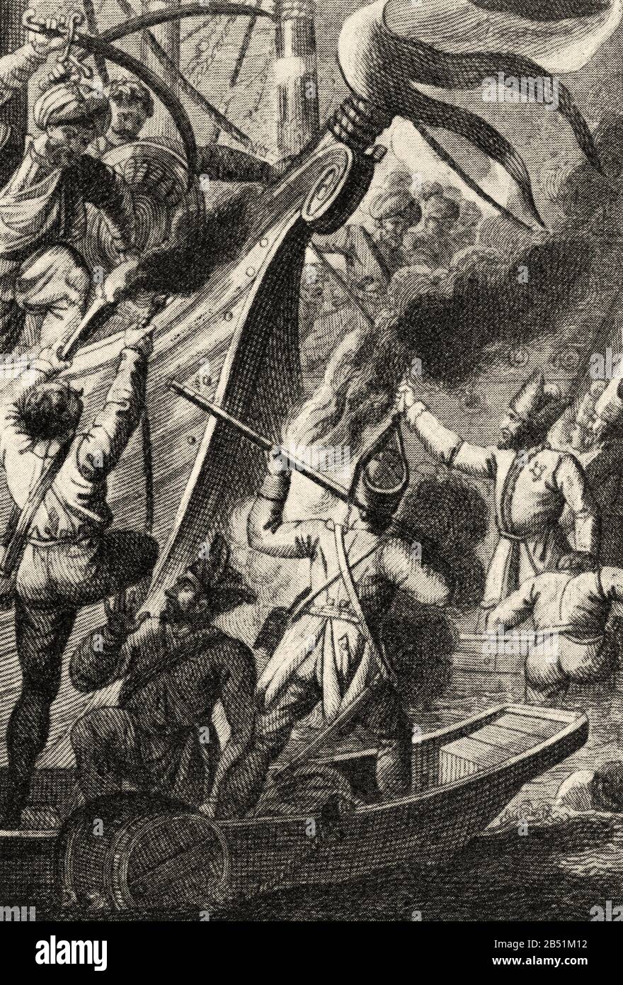 The Russian-Turkish War of 1768-1774. Admiral Orlov defeated the Turkish squad in Chesme. Old engraving of the book Anecdotal History of Russia by J. Stock Photo