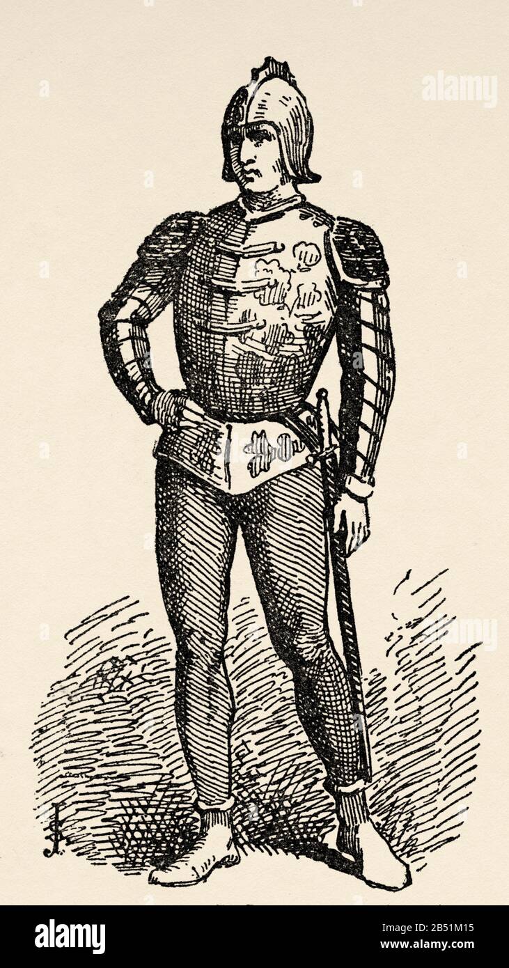 Aragon Crown Soldier. Old engraving of the book Historia de España by Alfredo Opisso 1885 Stock Photo
