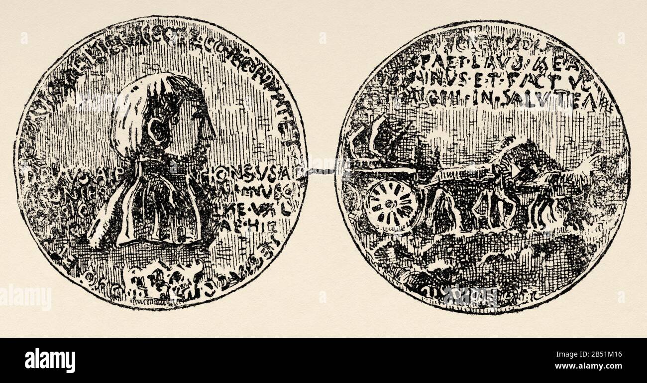 Alfonso v medal.  Old engraving of the book Historia de España by Alfredo Opisso 1885 Stock Photo