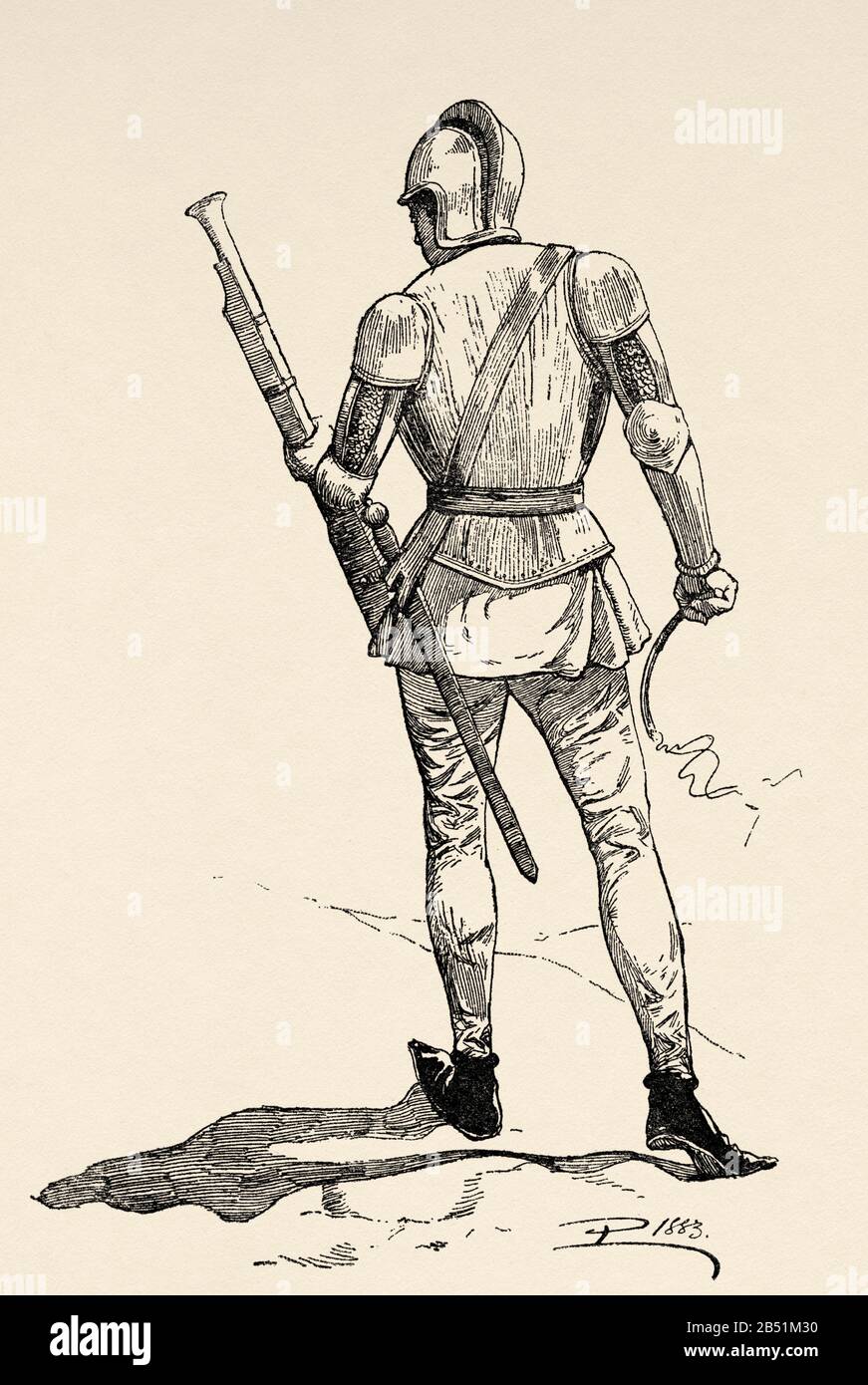 Espingardero, infantryman or cavalry armed with an advancing firearm called Espingarda, during the second half of the fifteenth century. Old engraving Stock Photo