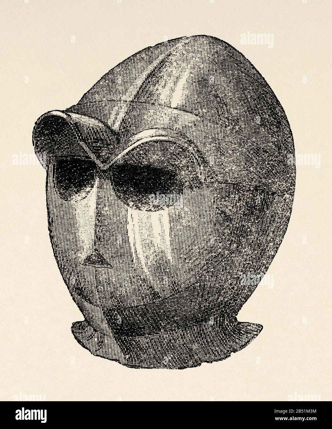 The headpiece is a military helmet of the fifteenth century, is a modification or improvement of the bacinete. Old engraving of the book Historia de E Stock Photo