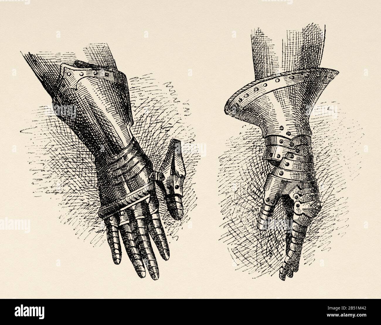 Gauntlet or mitten, were part of the armor worn by the knights of medieval times. They were metal gloves that they used to protect their fingers, hand Stock Photo