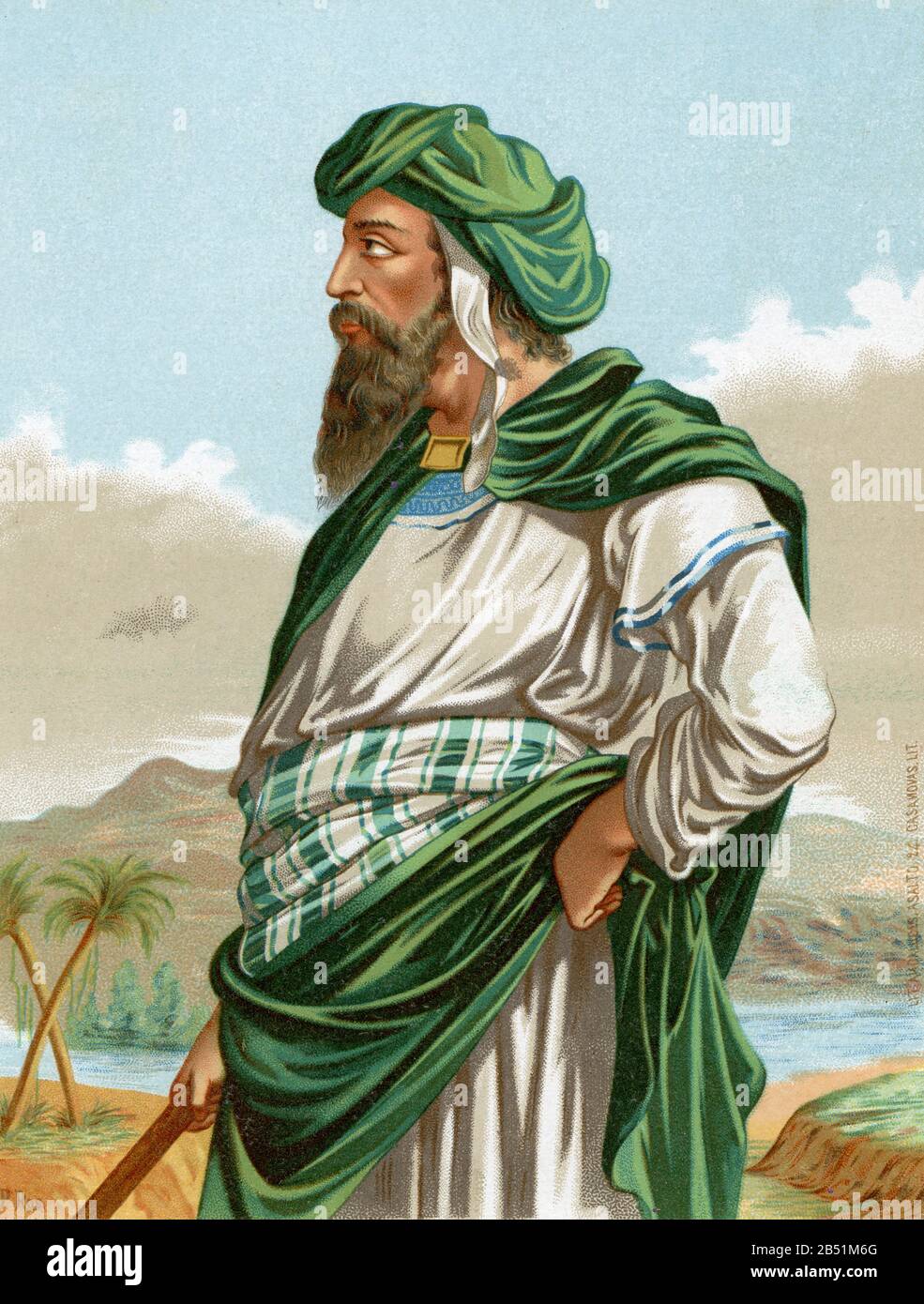 Old color lithography portrait. Muhammad (Mecca, c. April 26, 570-Medina, June 8, 632) was the founder of Islam. His Arabic is Abū l-Qāsim Muḥammad ib Stock Photo