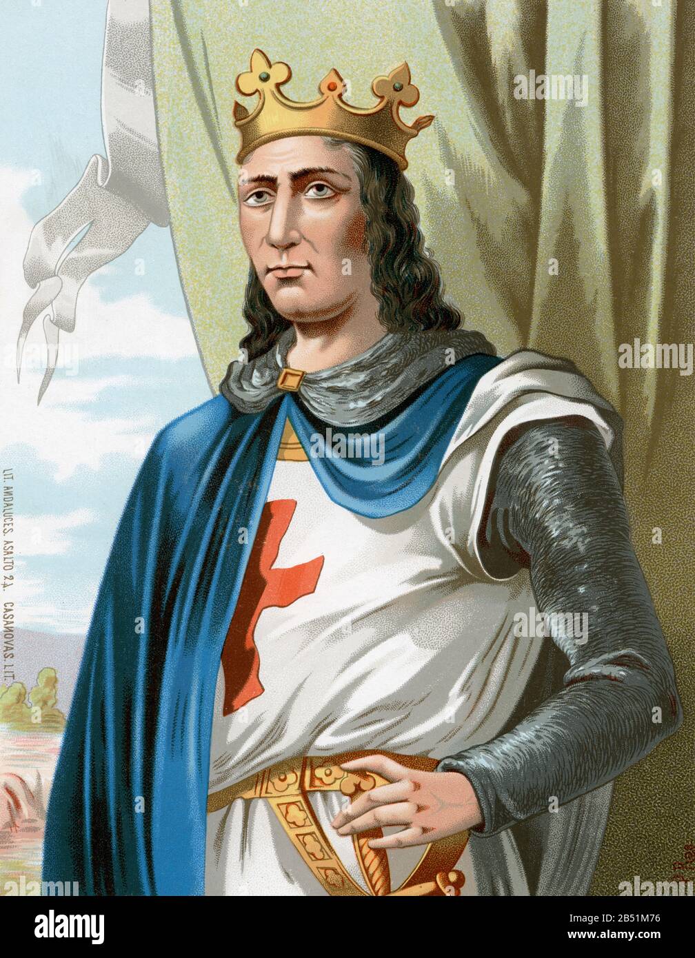 Old color lithography portrait. Louis IX the Saint (1215 - 1270). King of France from 1226 to 1270. House of Capet, Direct Capetians or House of Franc Stock Photo
