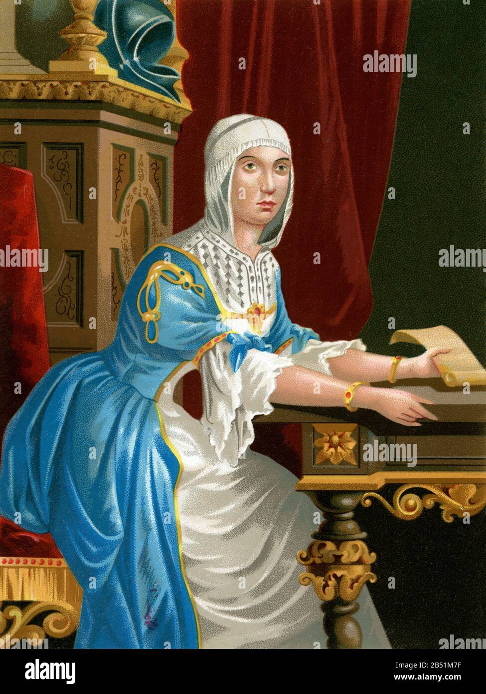 Old color lithography portrait. Isabella I of Castile (Madrigal de las Altas Torres 1451 - Medina del Campo 1504) was queen of Castile, queen consort Stock Photo