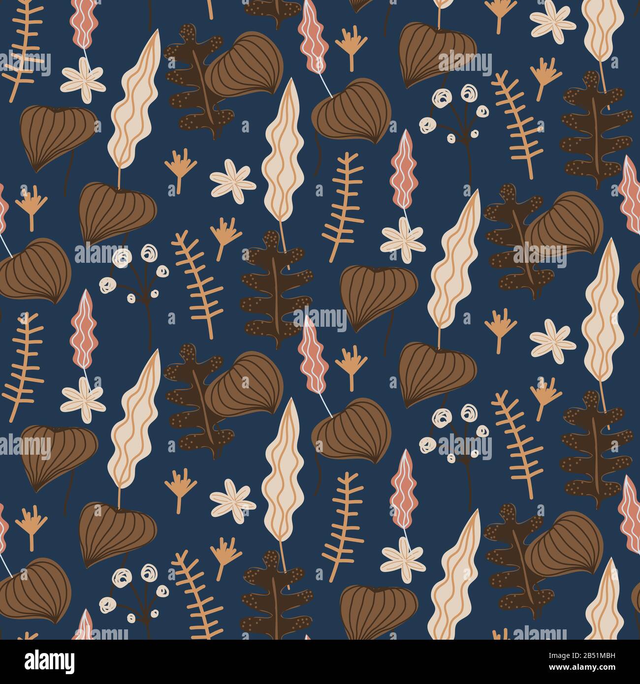 Nature seamless pattern with plants and flowers. Vector green blue bright background. Stock Vector