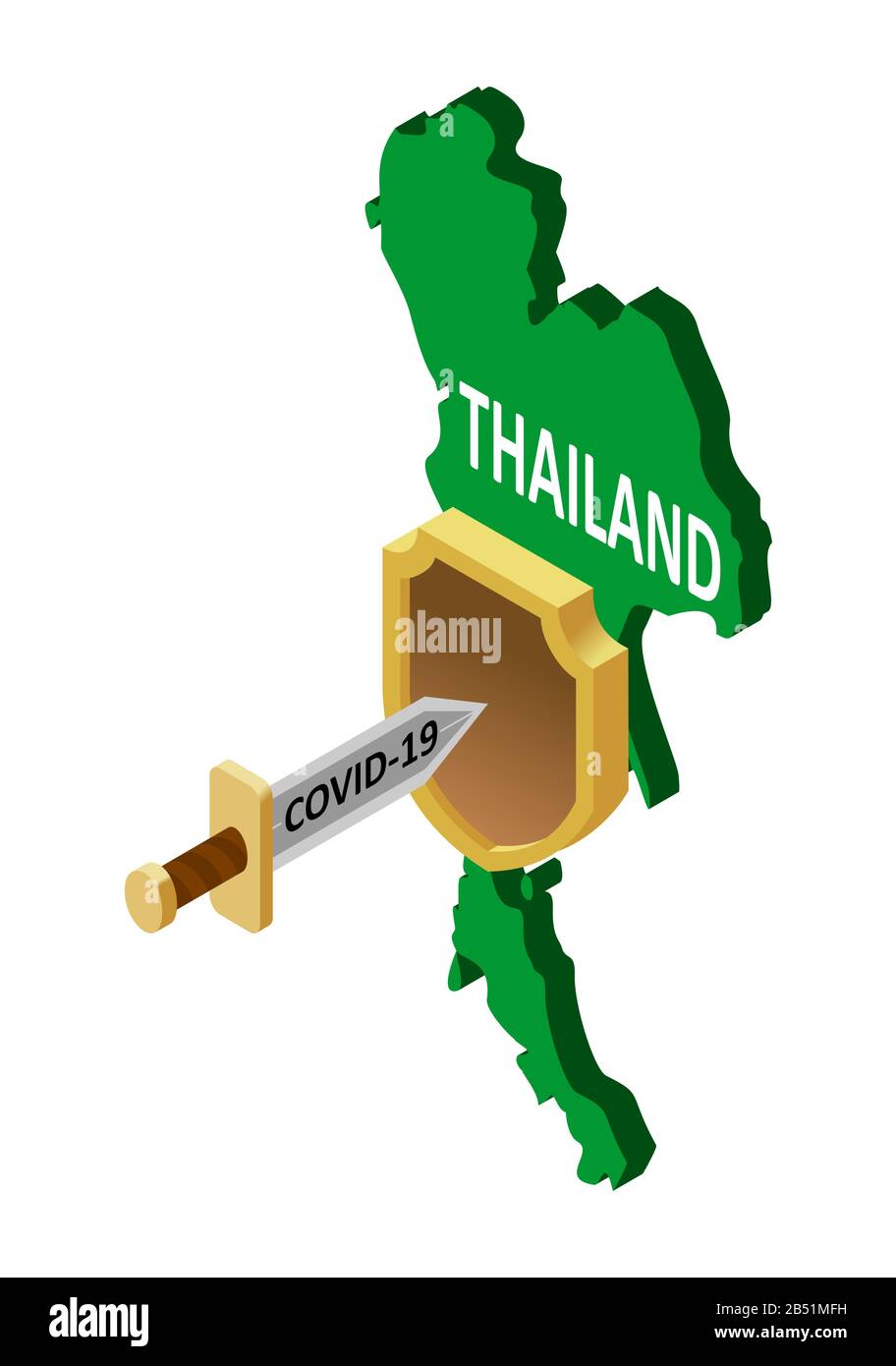 protection of Thailand against coronavirus COVID-19. A sword-shaped coronavirus attacks a shield country in Thailand. Vector isometric land of Thailan Stock Vector