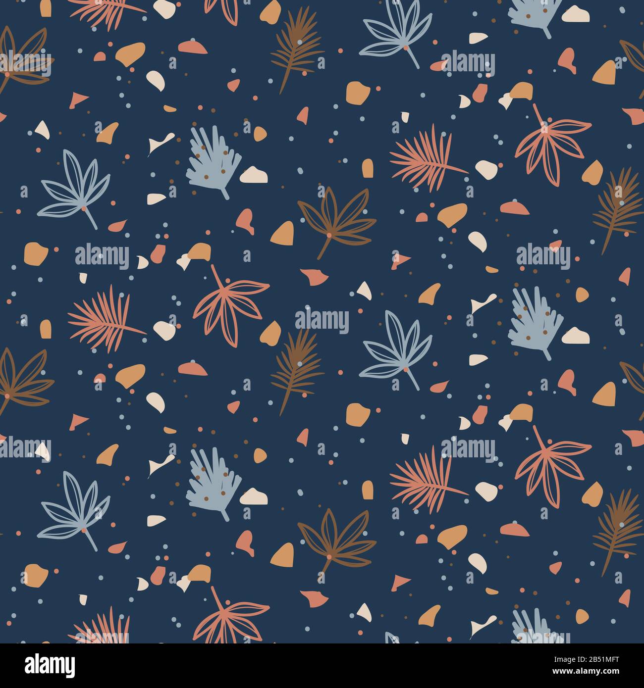 Seamless pattern with plants and terrazzo particles. Vector dark blue background. Stock Vector