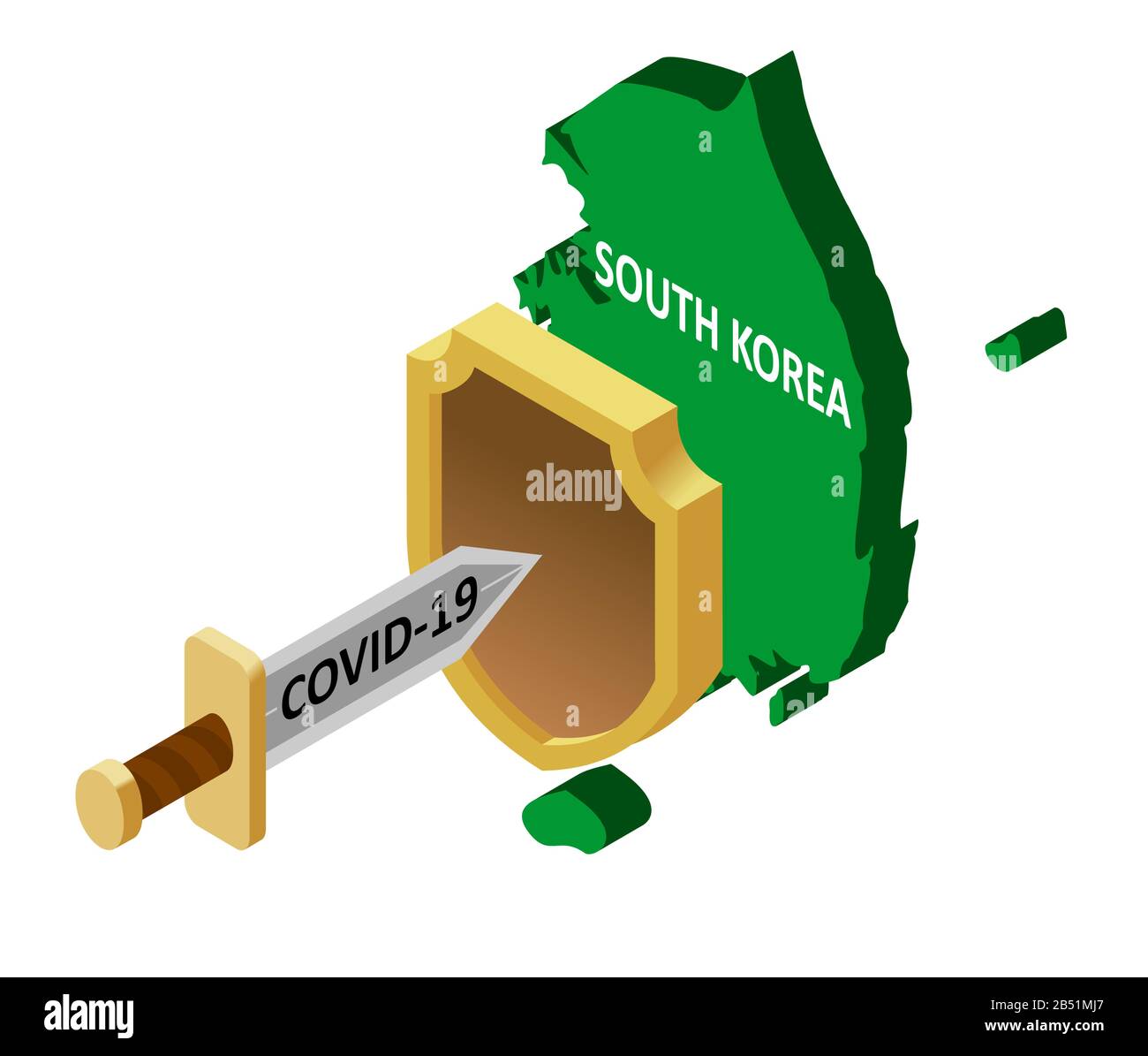 protection of South Korea against coronavirus COVID-19. A sword-shaped coronavirus attacks a shield country in South Korea. Vector isometric land of S Stock Vector