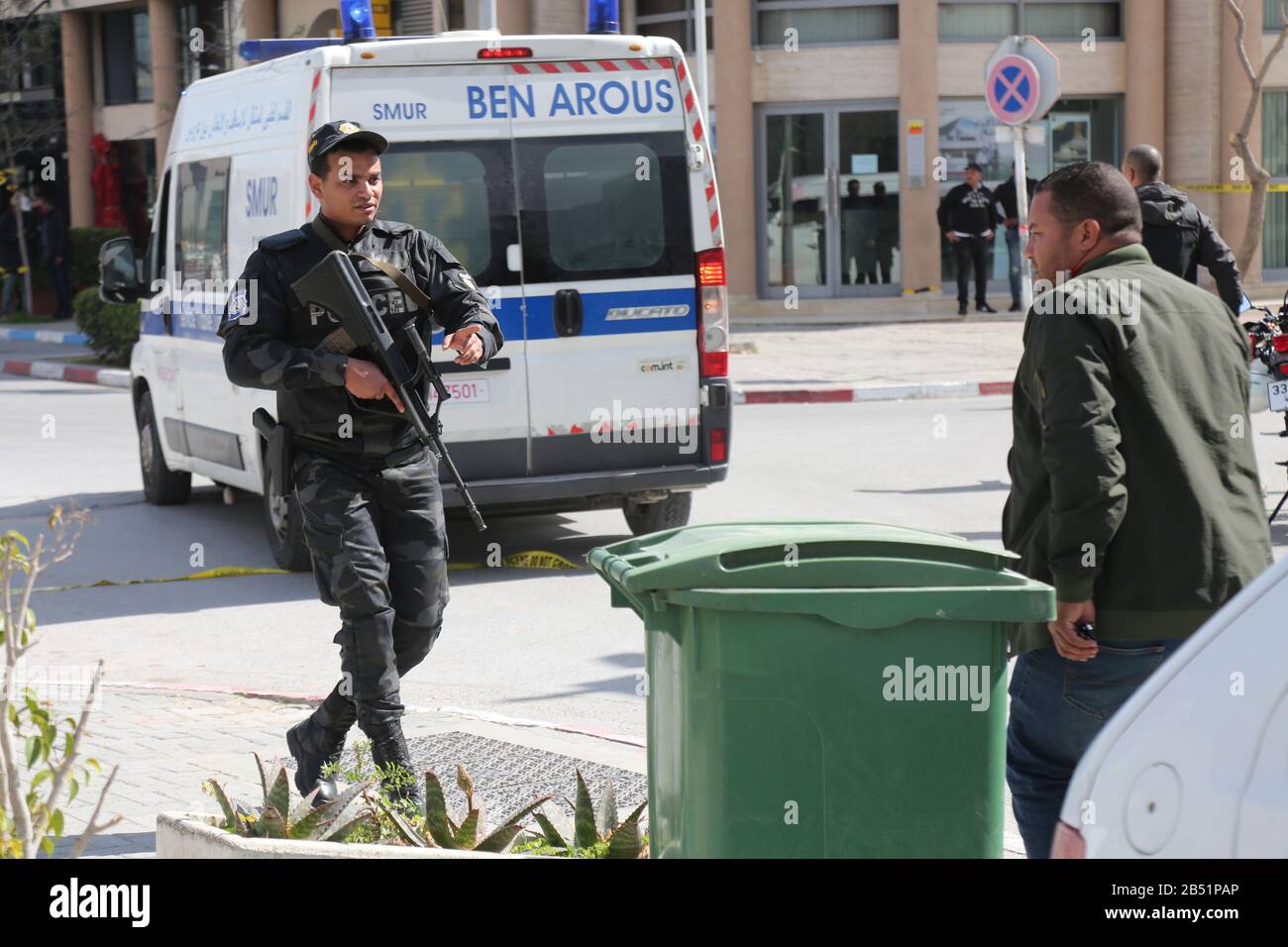 January 1, 2000, Tunis, Tunisia: A policeman guards scene of an explosion  near the US embassy..A double suicide attack shook the Tunisian capital as  assailants wounded six people including police guarding the