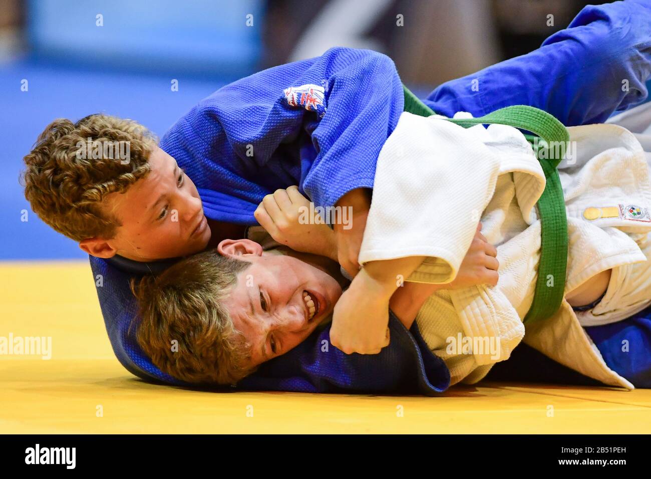 William Zollinger of Budokan (Right) in action against Coby Debrincat of Innisfail Judo Club in the Cadet Men U50kg category of the 2020 Sydney International held at Quaycentre, Sydney Olympic Park.  Zollinger won the match. Stock Photo