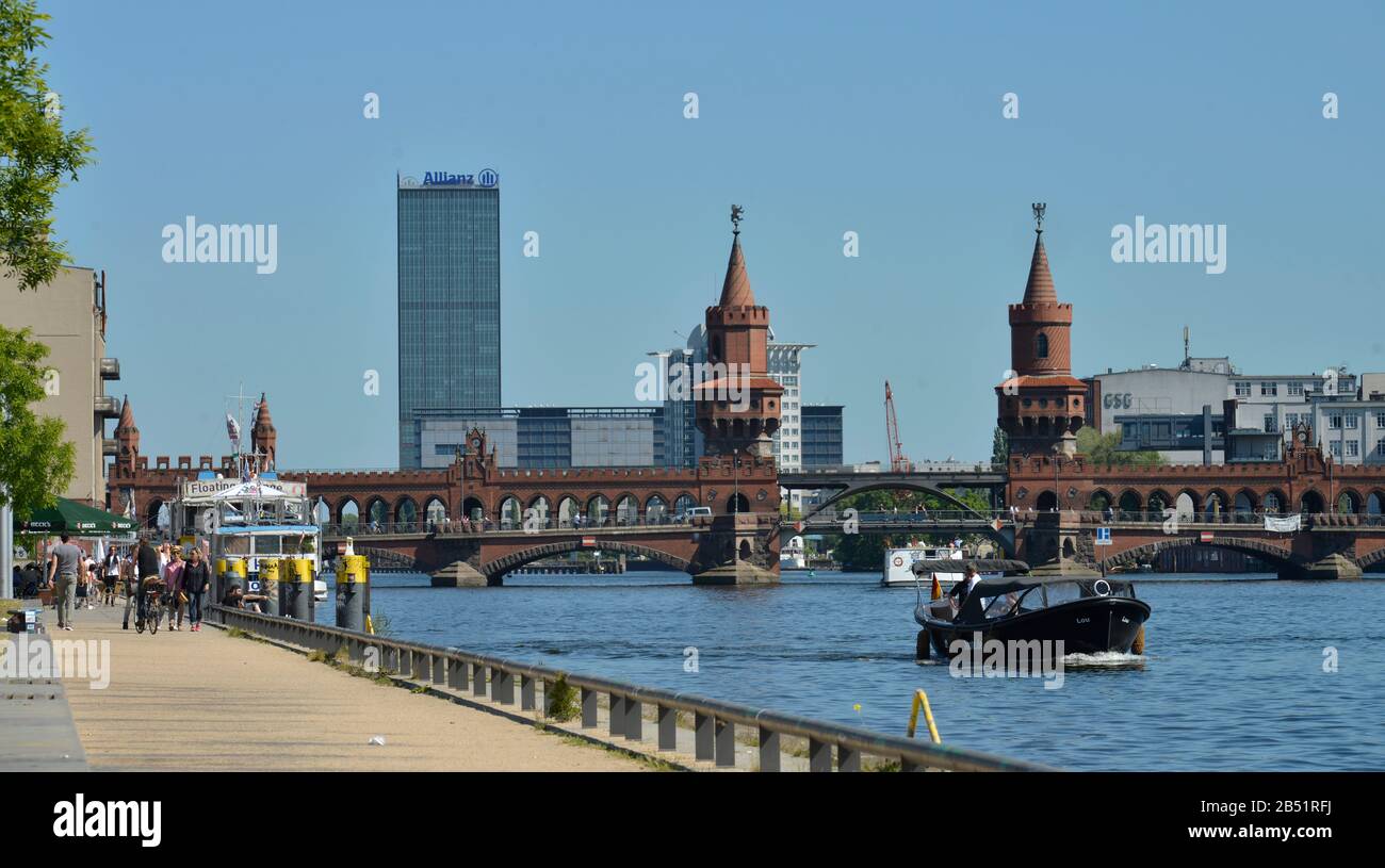Spreeufer, Oberbaumbruecke, Friedrichshain, Berlin, Deutschland / Oberbaumbrücke Stock Photo