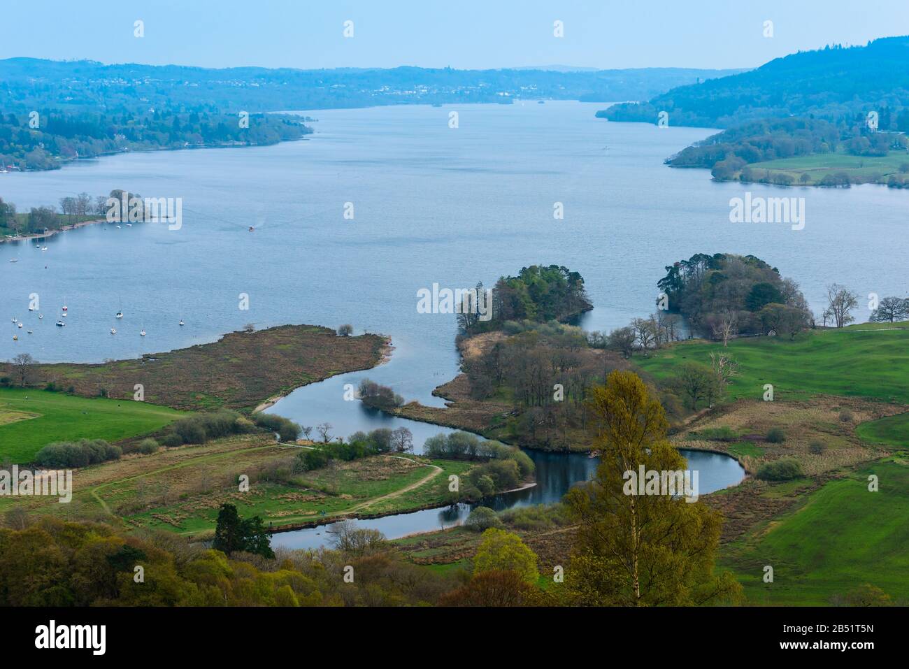 Lake Windermere, River Rothay and Wray Casle in the distance on the