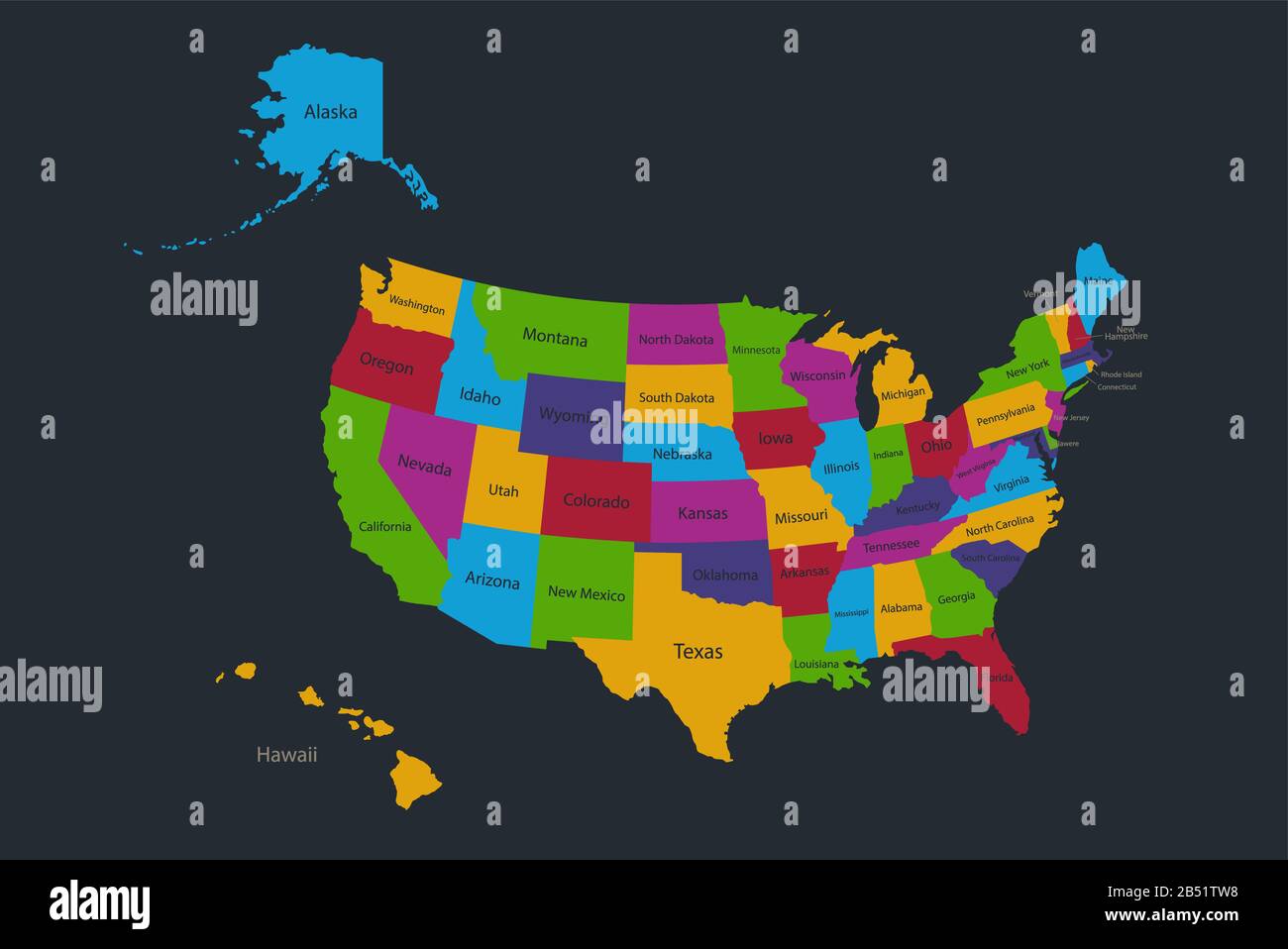 Infographics USA with Alaska and Hawaii map, flat design colors, with names  of individual states and islands, blue background with orange points blan  Stock Photo - Alamy